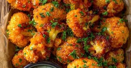 Chou-fleur croustillant épicé au four doré et pané, nappé de sauce piquante brillante, servi avec un dip crémeux au yaourt et citron.