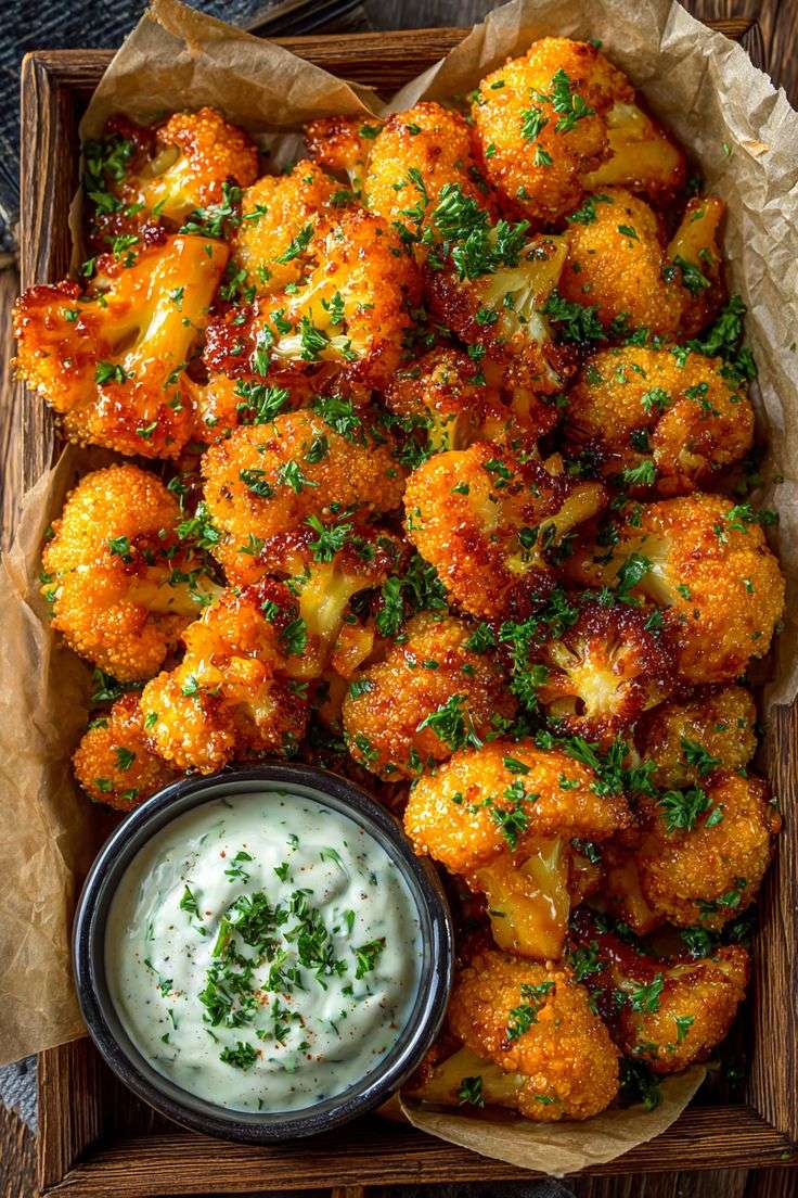 Chou-fleur croustillant épicé au four doré et pané, nappé de sauce piquante brillante, servi avec un dip crémeux au yaourt et citron.