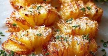 Pommes de terre Hasselback dorées au four, entaillées et croustillantes au parmesan, garnies de thym frais et servies chaudes dans un plat rustique.