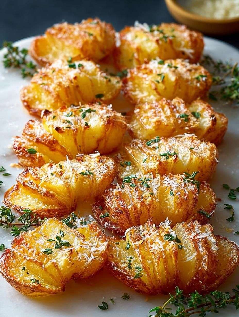Pommes de terre Hasselback dorées au four, entaillées et croustillantes au parmesan, garnies de thym frais et servies chaudes dans un plat rustique.