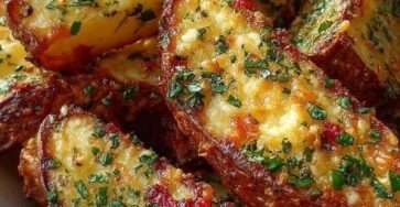 Pommes de terre rôties croustillantes dorées au four, assaisonnées à l’ail et persil frais, servies chaudes sur plaque rustique.