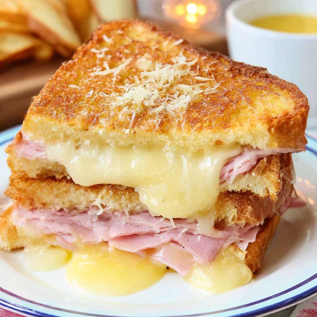 Croque-monsieur doré et croustillant au jambon blanc et fromage fondu, servi chaud avec salade verte sur table en bois.