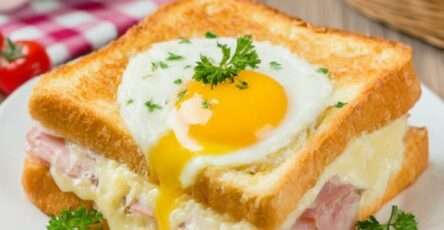 Croque-madame doré au four avec jambon blanc, fromage fondu et œuf au plat coulant, servi chaud avec herbes fraîches.