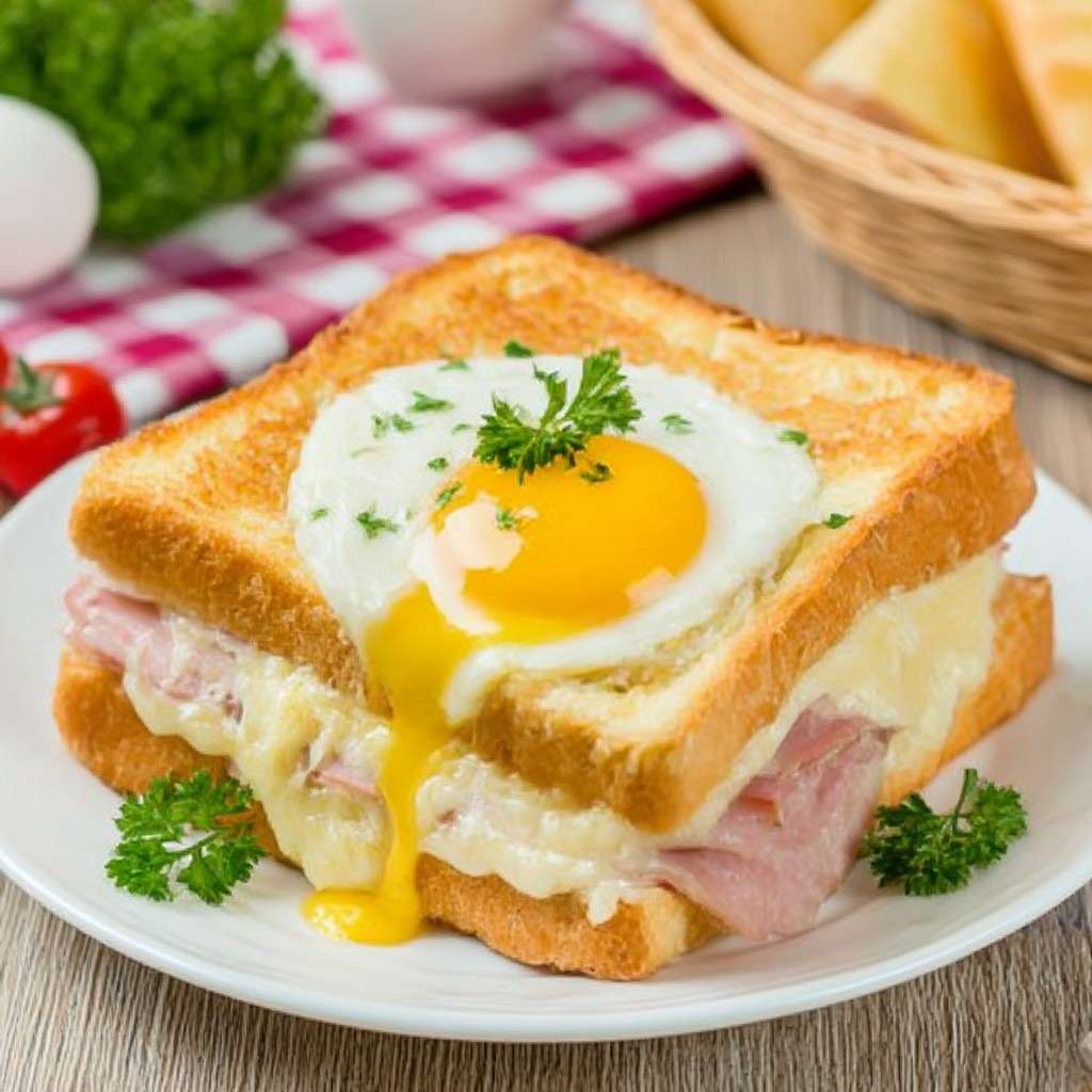 Croque-madame doré au four avec jambon blanc, fromage fondu et œuf au plat coulant, servi chaud avec herbes fraîches.