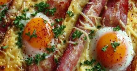 Tarte croustillante aux œufs au plat, bacon doré et fromage fondu sur pâte feuilletée, servie chaude avec persil frais.