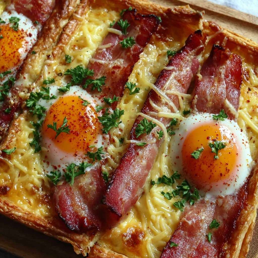 Tarte croustillante aux œufs au plat, bacon doré et fromage fondu sur pâte feuilletée, servie chaude avec persil frais.
