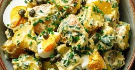 Salade de pommes de terre nouvelles aux œufs durs et câpres, mélangée à une sauce crémeuse à la ciboulette, servie froide dans un saladier.
