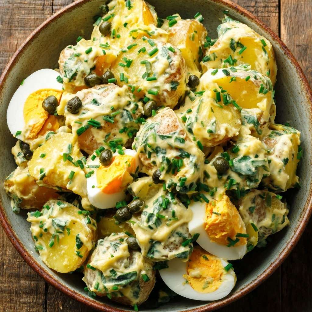 Salade de pommes de terre nouvelles aux œufs durs et câpres, mélangée à une sauce crémeuse à la ciboulette, servie froide dans un saladier.