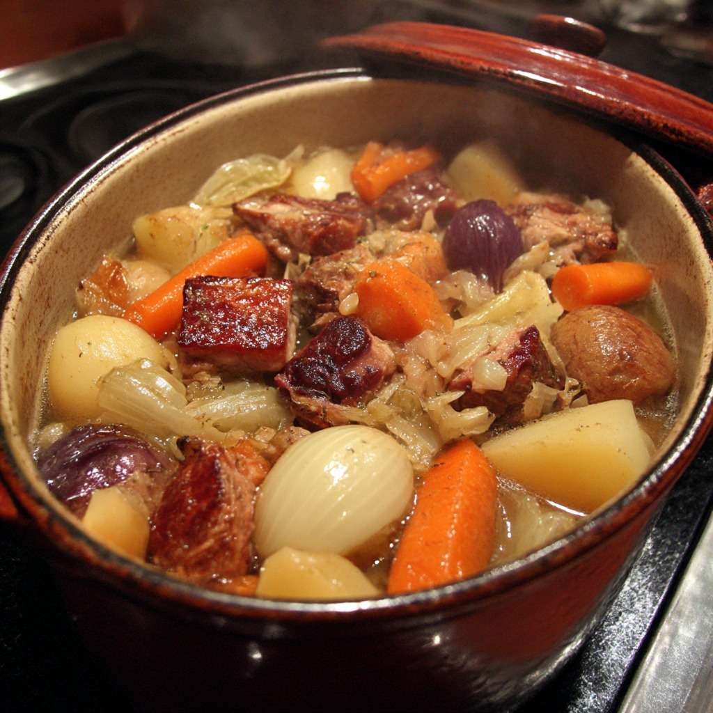 Potée savoyarde traditionnelle en cocotte avec chou vert, palette de porc, saucisses fumées, carottes et pommes de terre servie bien chaude.