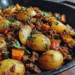 Poêlée de pommes de terre grenailles dorées avec viande hachée, carottes, poivron rouge et persil frais servie bien chaude.