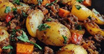 Poêlée de pommes de terre grenailles dorées avec viande hachée, carottes, poivron rouge et persil frais servie bien chaude.