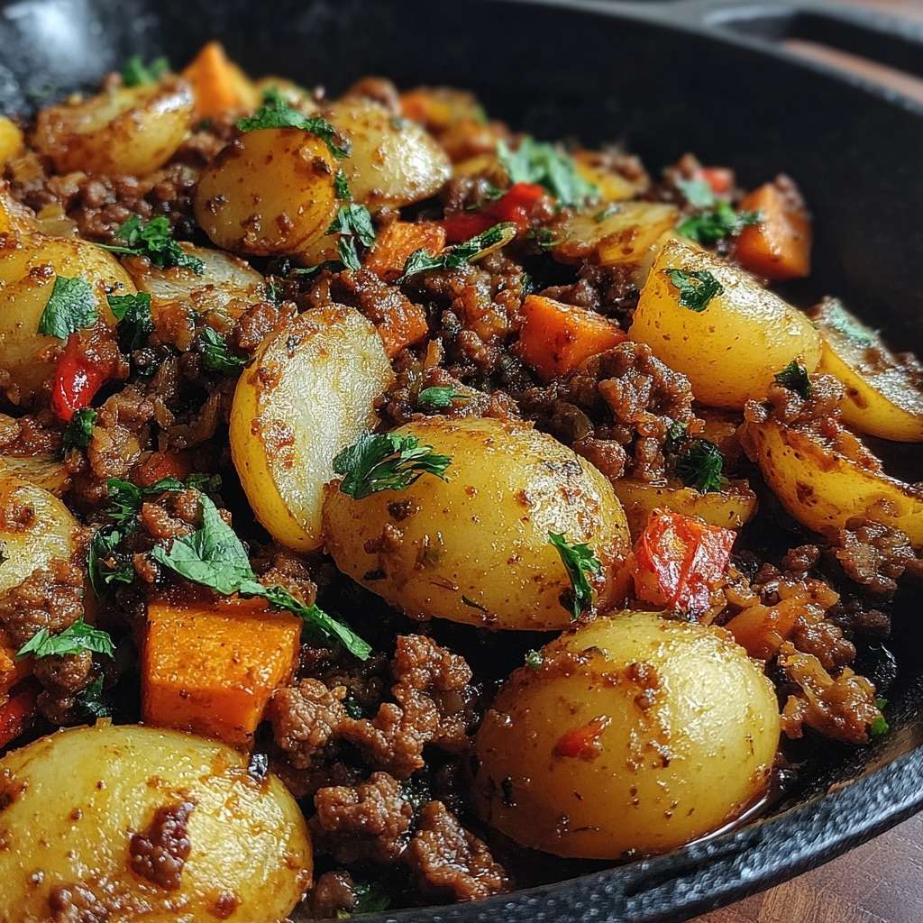 Poêlée de pommes de terre grenailles dorées avec viande hachée, carottes, poivron rouge et persil frais servie bien chaude.