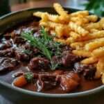 Bœuf mijoté en sauce épaisse avec carottes et herbes, servi chaud accompagné de frites croustillantes dorées et fleur de sel.