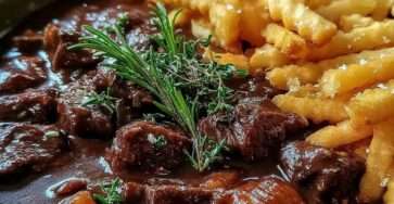 Bœuf mijoté en sauce épaisse avec carottes et herbes, servi chaud accompagné de frites croustillantes dorées et fleur de sel.