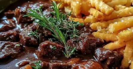 Bœuf mijoté en sauce épaisse avec carottes et herbes, servi chaud accompagné de frites croustillantes dorées et fleur de sel.
