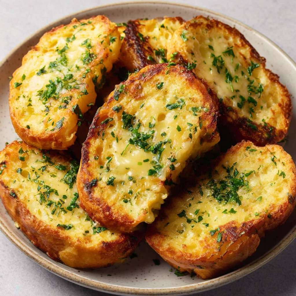 Tranches de pain perdu salé dorées à la poêle avec fromage fondu et herbes fraîches, servies chaudes sur assiette.
