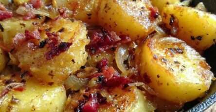Poêlée de pommes de terre dorées avec lardons fumés croustillants et oignons fondants, servie chaude dans une poêle rustique.