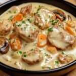 Blanquette de veau crémeuse avec carottes, champignons et persil frais, servie chaude dans une cocotte avec sauce blanche onctueuse.