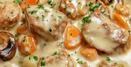 Blanquette de veau crémeuse avec carottes, champignons et persil frais, servie chaude dans une cocotte avec sauce blanche onctueuse.
