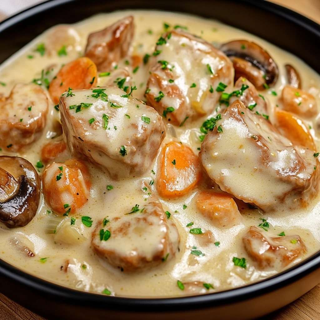 Blanquette de veau crémeuse avec carottes, champignons et persil frais, servie chaude dans une cocotte avec sauce blanche onctueuse.