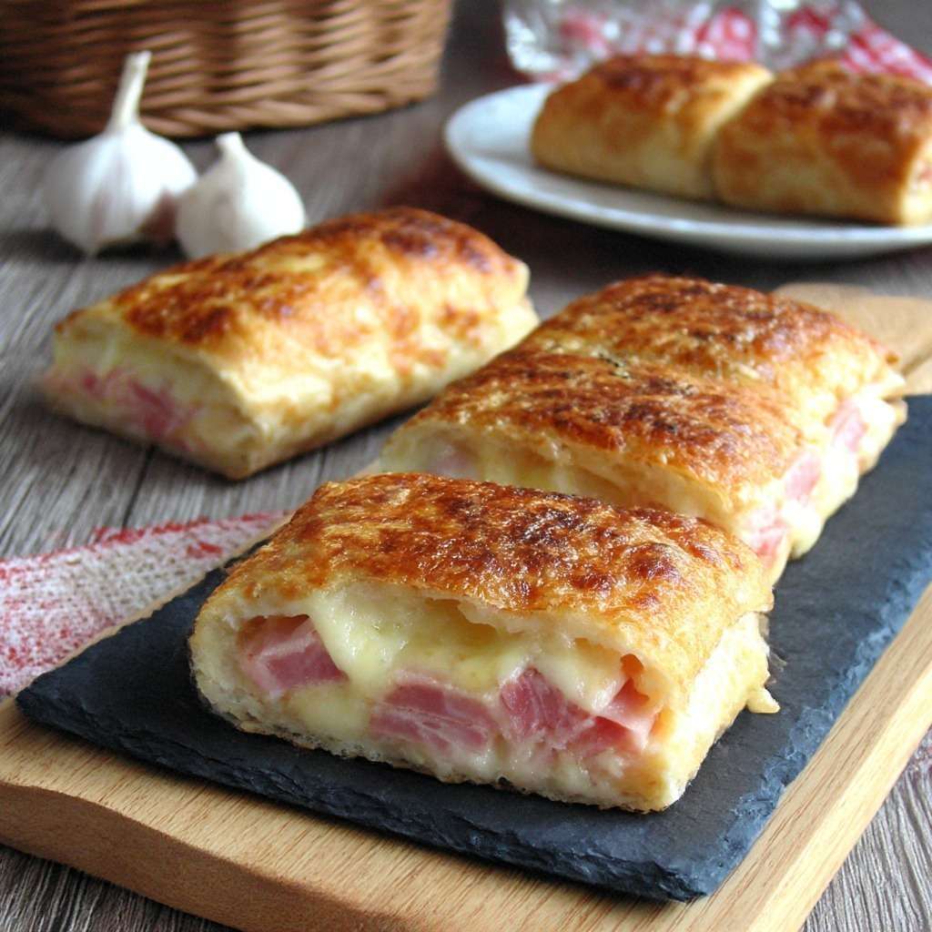 Croque-monsieur roulé en bouchées apéritives dorées à la poêle, garnies de jambon et fromage fondant, servis chauds sur plateau.