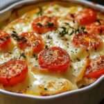 Gratin de pommes de terre doré au four avec tomates cerises et mozzarella fondante, servi chaud dans un plat à gratin.