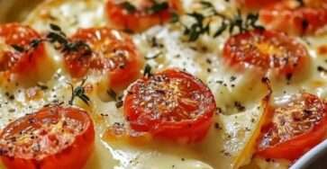 Gratin de pommes de terre doré au four avec tomates cerises et mozzarella fondante, servi chaud dans un plat à gratin.