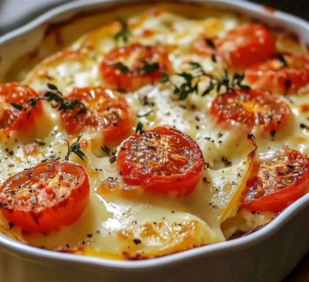 Gratin de pommes de terre doré au four avec tomates cerises et mozzarella fondante, servi chaud dans un plat à gratin.