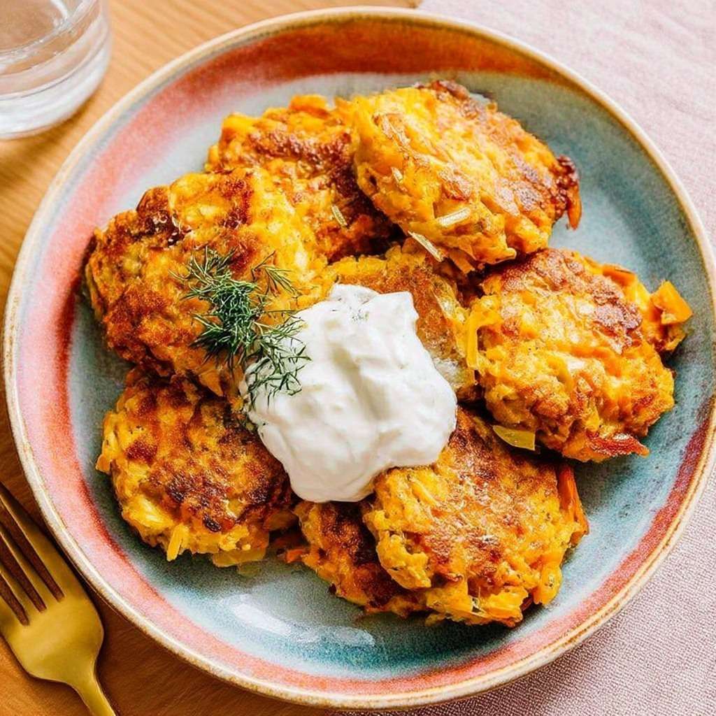 Galettes de légumes dorées au four à base de carottes et courgettes, servies avec une sauce yaourt citronnée aux herbes fraîches.