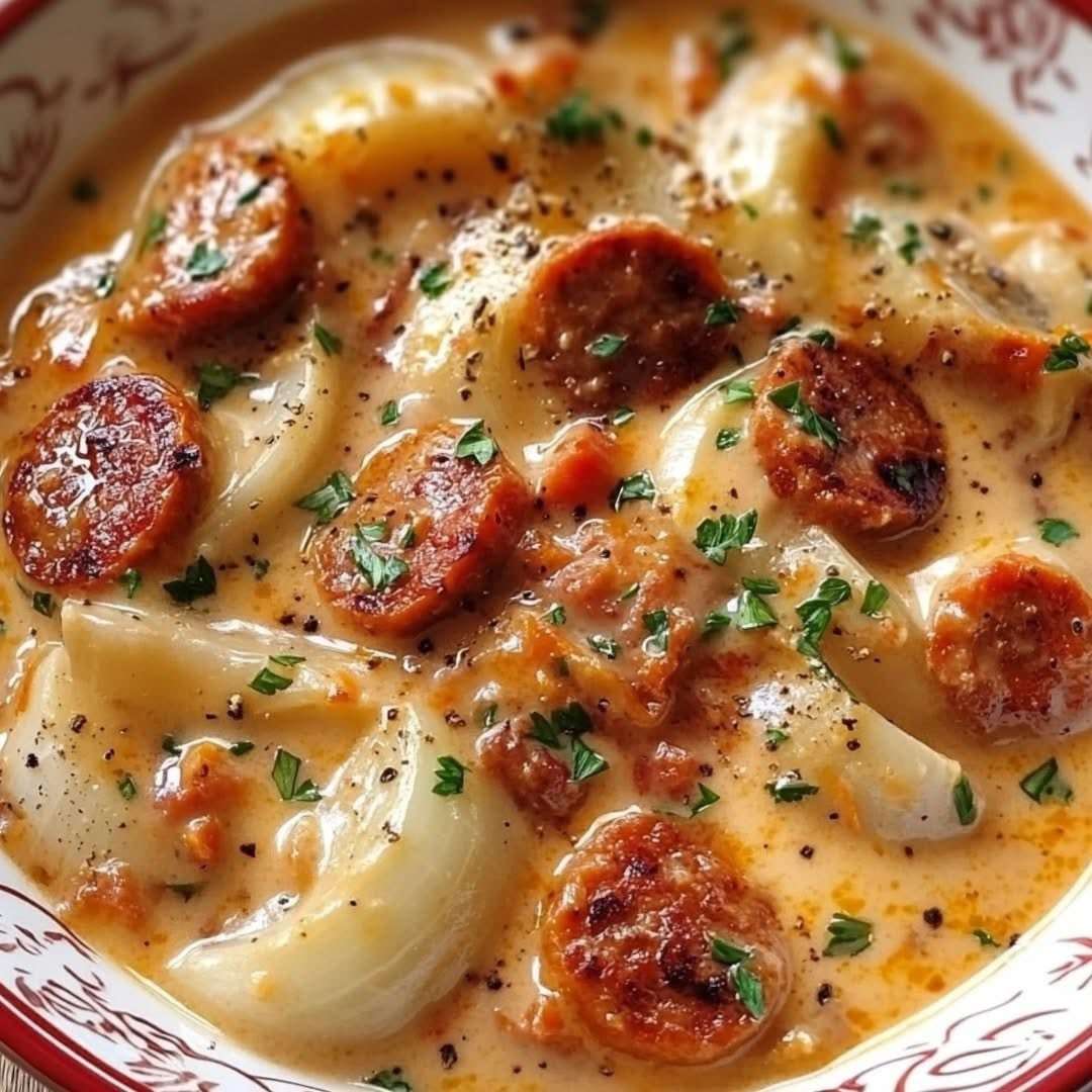 Fondue d’endives au chorizo servie dans une poêle, sauce crémeuse onctueuse, rondelles de chorizo dorées, persil frais ciselé et texture fondante des endives.