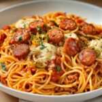 Assiette de spaghetti à la saucisse nappés de sauce tomate fondante, fromage râpé fondant sur le dessus, persil frais, présentation gourmande et chaleureuse.