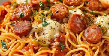 Assiette de spaghetti à la saucisse nappés de sauce tomate fondante, fromage râpé fondant sur le dessus, persil frais, présentation gourmande et chaleureuse.