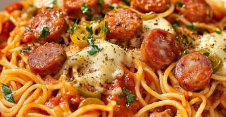Assiette de spaghetti à la saucisse nappés de sauce tomate fondante, fromage râpé fondant sur le dessus, persil frais, présentation gourmande et chaleureuse.