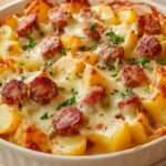 Gratin de pommes de terre et saucisses doré au four dans un plat en céramique, fromage fondu gratiné, sauce crémeuse onctueuse et persil frais en décoration.