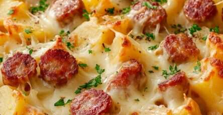 Gratin de pommes de terre et saucisses doré au four dans un plat en céramique, fromage fondu gratiné, sauce crémeuse onctueuse et persil frais en décoration.