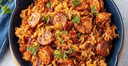 Riz au chorizo mijoté servi dans une poêle rustique, grains de riz fondants imprégnés de sauce tomate, rondelles de chorizo dorées et persil frais.