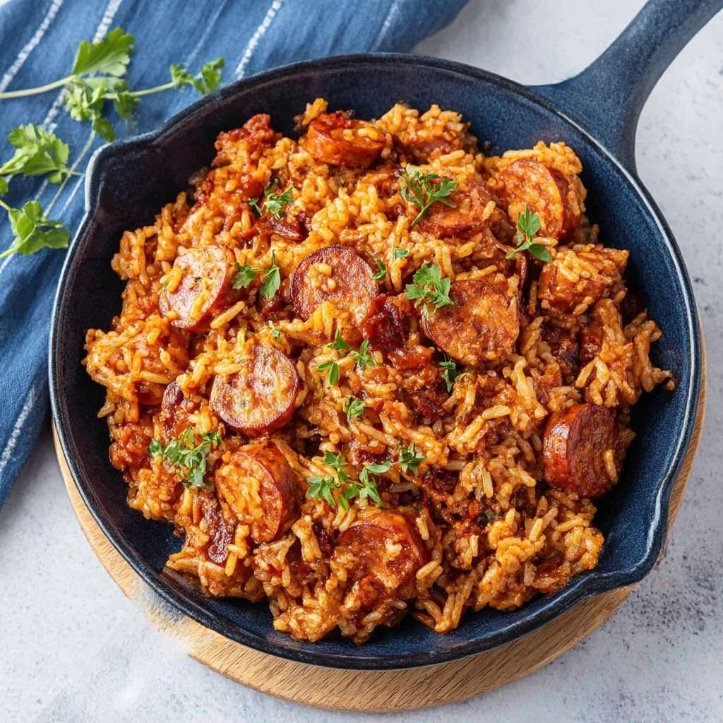 Riz au chorizo mijoté servi dans une poêle rustique, grains de riz fondants imprégnés de sauce tomate, rondelles de chorizo dorées et persil frais.