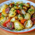 Salade de pommes de terre au chorizo servie dans un grand saladier, morceaux de pommes de terre dorés, dés de poivrons colorés, rondelles de chorizo croustillantes et persil frais.