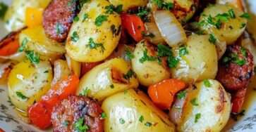 Salade de pommes de terre au chorizo servie dans un grand saladier, morceaux de pommes de terre dorés, dés de poivrons colorés, rondelles de chorizo croustillantes et persil frais.