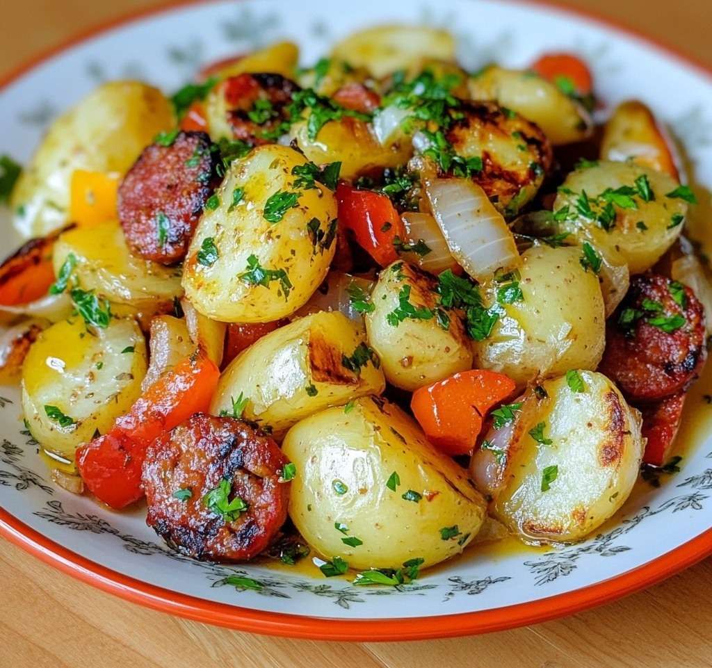 Salade de pommes de terre au chorizo servie dans un grand saladier, morceaux de pommes de terre dorés, dés de poivrons colorés, rondelles de chorizo croustillantes et persil frais.