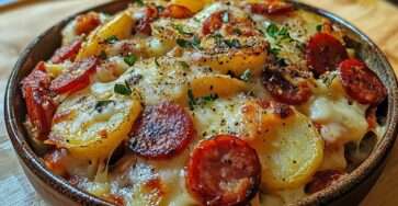 Gratin de pommes de terre au chorizo doré au four dans un plat en céramique, couches fondantes de pommes de terre, fromage gratiné, rondelles de chorizo croustillantes et thym frais.