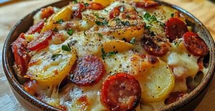 Gratin de pommes de terre au chorizo doré au four dans un plat en céramique, couches fondantes de pommes de terre, fromage gratiné, rondelles de chorizo croustillantes et thym frais.