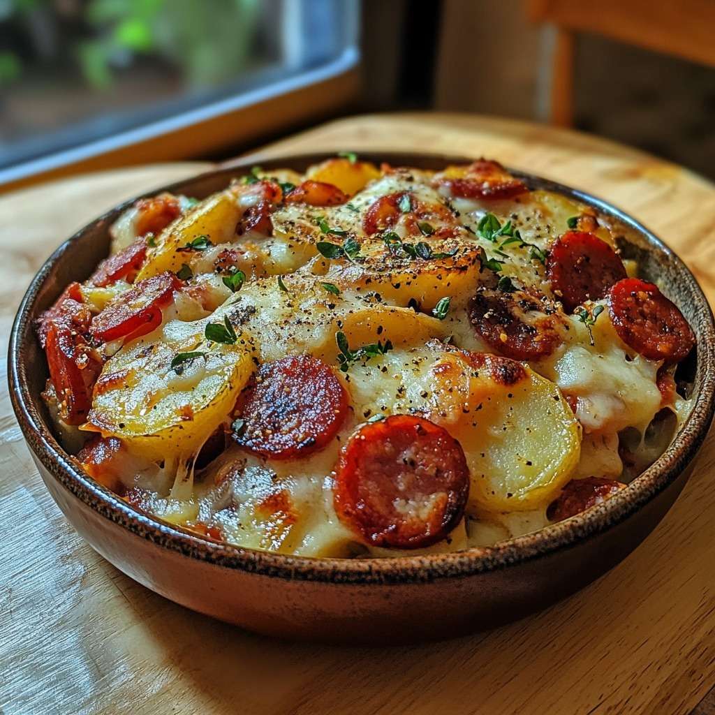 Gratin de pommes de terre au chorizo doré au four dans un plat en céramique, couches fondantes de pommes de terre, fromage gratiné, rondelles de chorizo croustillantes et thym frais.