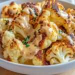 Chou-fleur rôti au four nappé de sauce crémeuse à la moutarde, fleurettes dorées et croustillantes, thym frais et présentation gourmande dans un plat blanc.