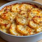 Gratin de pommes de terre à la moutarde doré au four, couches fondantes de pommes de terre nappées de sauce crémeuse, fromage gratiné et persil frais en finition.