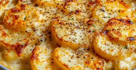 Gratin de pommes de terre à la moutarde doré au four, couches fondantes de pommes de terre nappées de sauce crémeuse, fromage gratiné et persil frais en finition.