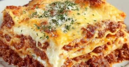Lasagnes à la viande hachée gratinées au four, couches visibles de pâtes, sauce tomate, béchamel crémeuse et fromage doré dans un plat familial.