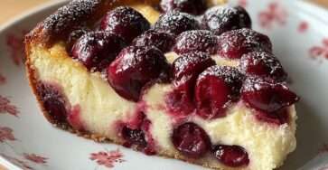 Clafoutis aux cerises maison doré au four, cerises visibles à la surface, texture fondante et moelleuse, servi dans un plat rustique sur table en bois.