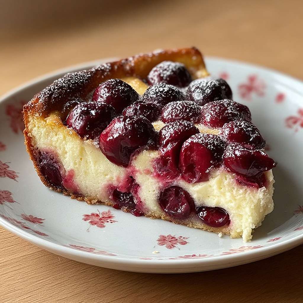 Clafoutis aux cerises maison doré au four, cerises visibles à la surface, texture fondante et moelleuse, servi dans un plat rustique sur table en bois.
