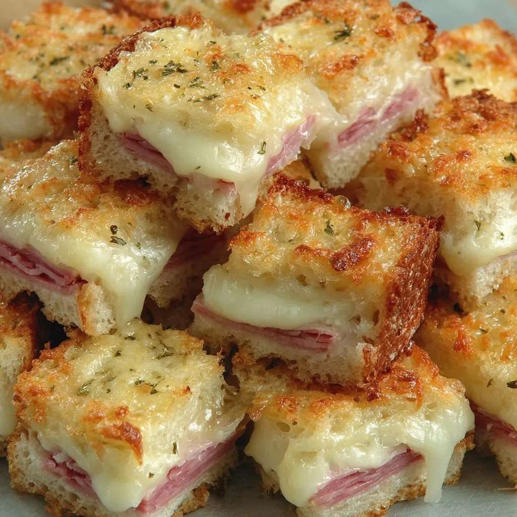 Cubes de croque-monsieur gratinés au four dans un plat, pain de mie doré et croustillant, jambon blanc, fromage fondu filant et herbes de Provence.